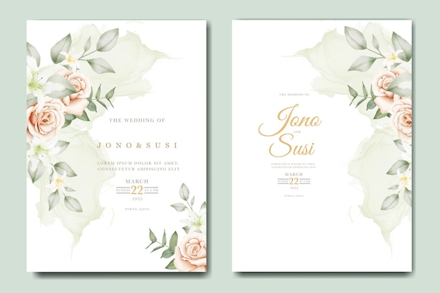 Lindo conjunto de cartão de convite de casamento de flores desenhadas à mão