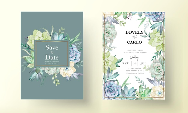 Lindo conjunto de cartão de convite de casamento em aquarela de flores suculentas