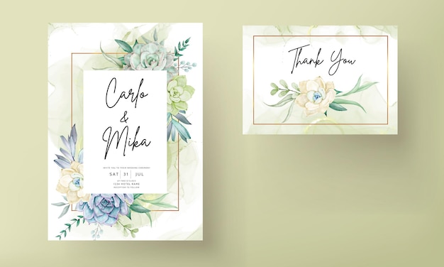 Lindo conjunto de cartão de convite de casamento em aquarela de flores suculentas