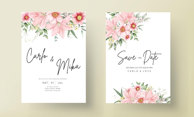 Lindo conjunto de cartão de convite de casamento floral em aquarela