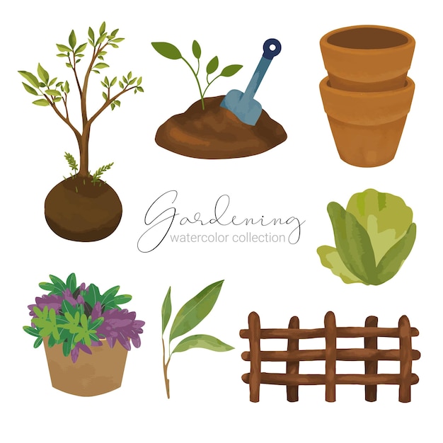 Lindo conjunto de cores de água de acessórios e plantas de ferramentas de jardim, como plantas, pás de solo, vasos de legumes, vasos de flores, cercas de madeira
