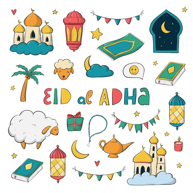 Vetor lindo conjunto de eid al adha festa de sacrifício doodles elementos de desenho animado clipart para adesivos impressos