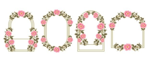 Lindo conjunto de elementos de modelo de moldura de arco de casamento vintage desenhado à mão pêssego rosa jardim flor rosa