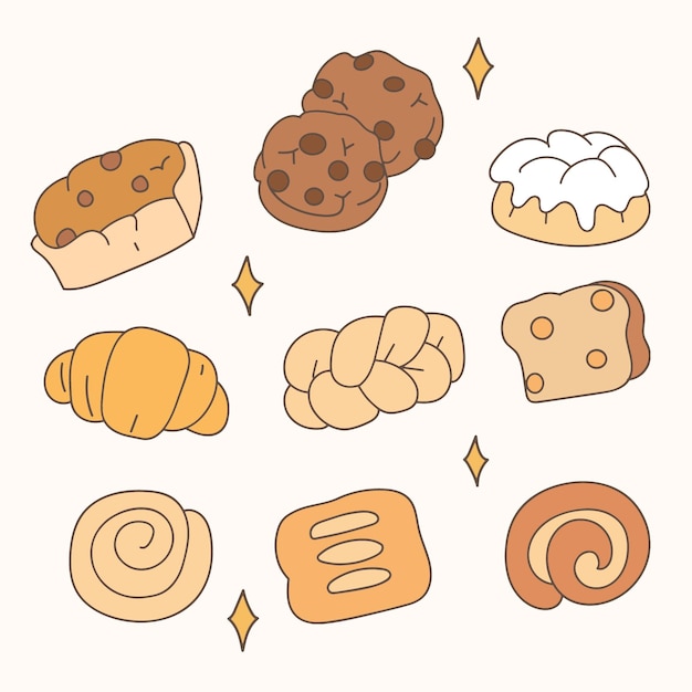 Vetor lindo conjunto de pão doodle