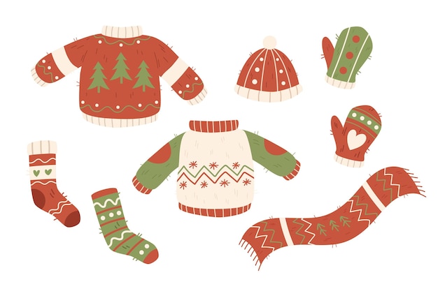 Lindo conjunto de roupas de inverno, vetor de Natal