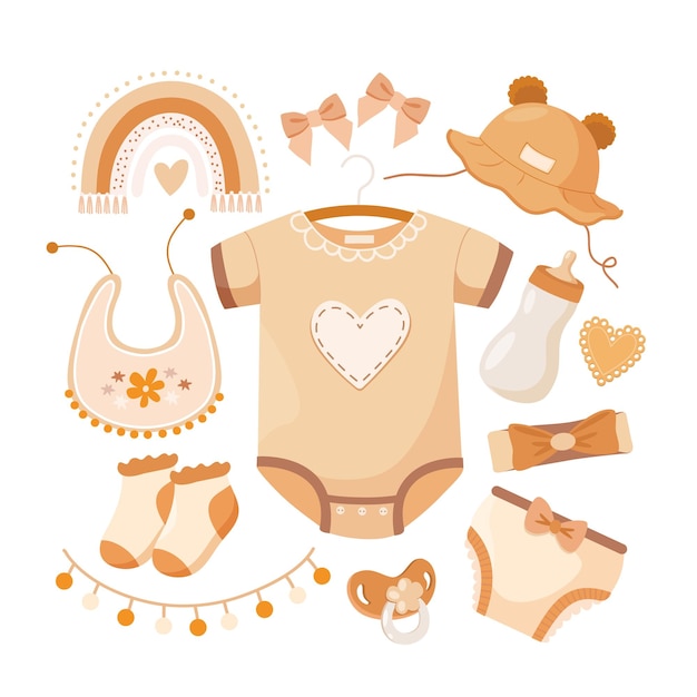 Vetor lindo conjunto infantil com roupas de bebê boho