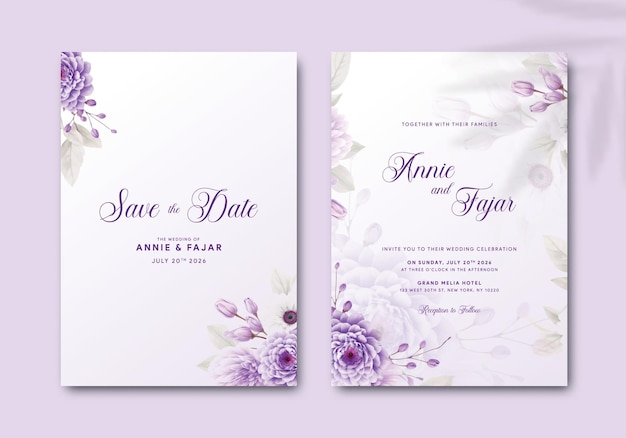 lindo convite de casamento com ilustração de buquê de flores roxas vetor premium