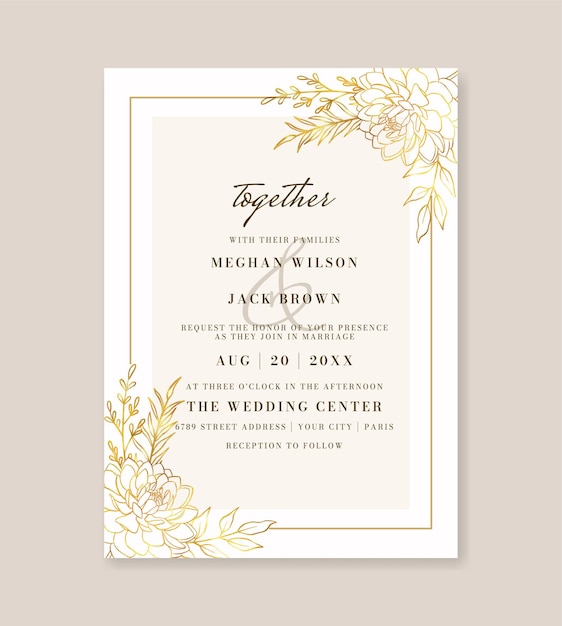 Vetor lindo convite de casamento floral dourado