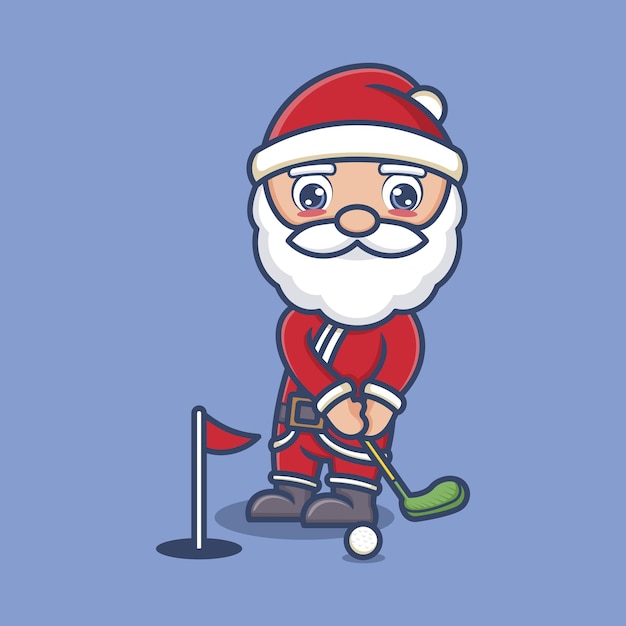 Lindo desenho animado papai noel jogando golfe