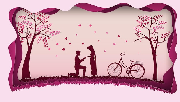 Vetor lindo design de casal em fundo rosa suave com estilo de arte de papel de bicicleta