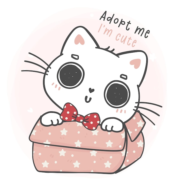 Vetor lindo e adorável gato gatinho branco usa laço vermelho em caixa rosa com olhos, por favor, adote-me, eu sou um lindo animal de desenho animado, vetor de desenho de mão de animal de estimação