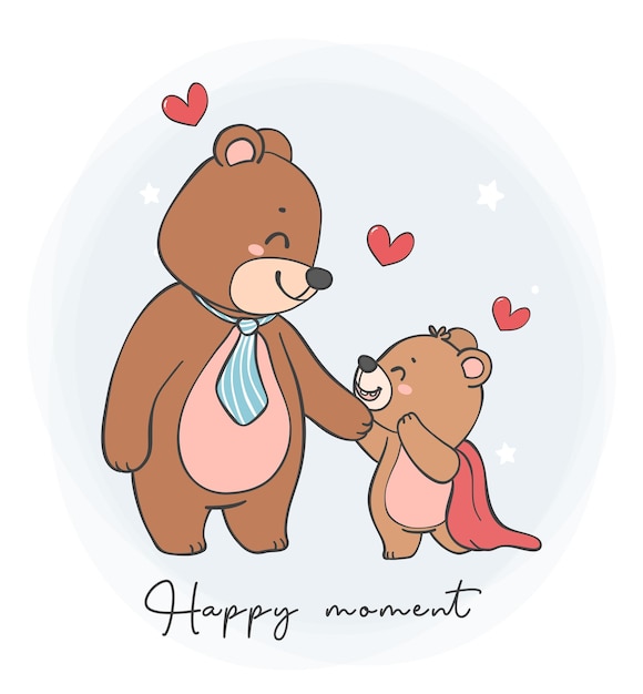 Lindo feliz dia dos pais heero ursinho de pelúcia papai e bebê personagem de desenho animado desenho à mão doodle esboço