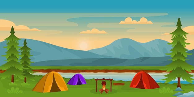 Lindo fundo de acampamento com acampamentos e colinas