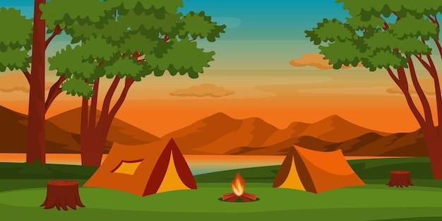 Lindo fundo de acampamento com acampamentos e colinas