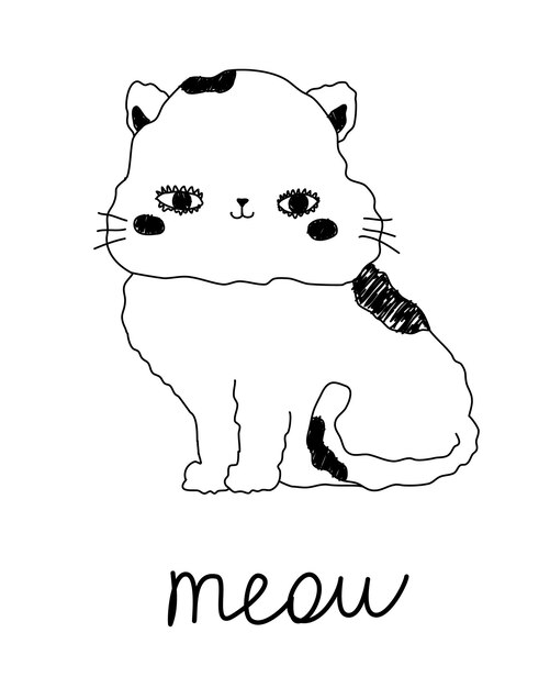 Lindo gatinho branco com texto miau personagem de desenho animado infantil em uma impressão de fundo isolado