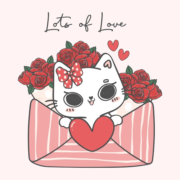 Lindo gatinho branco gato gilr apaixonado envelope rosa com buquê de rosas vermelhas animal de desenho animado desenho à mão vetor de ilustração