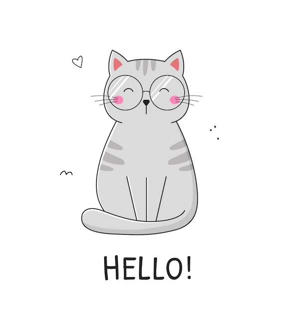 Lindo gato cinza de óculos em fundo branco com texto olá ilustração vetorial