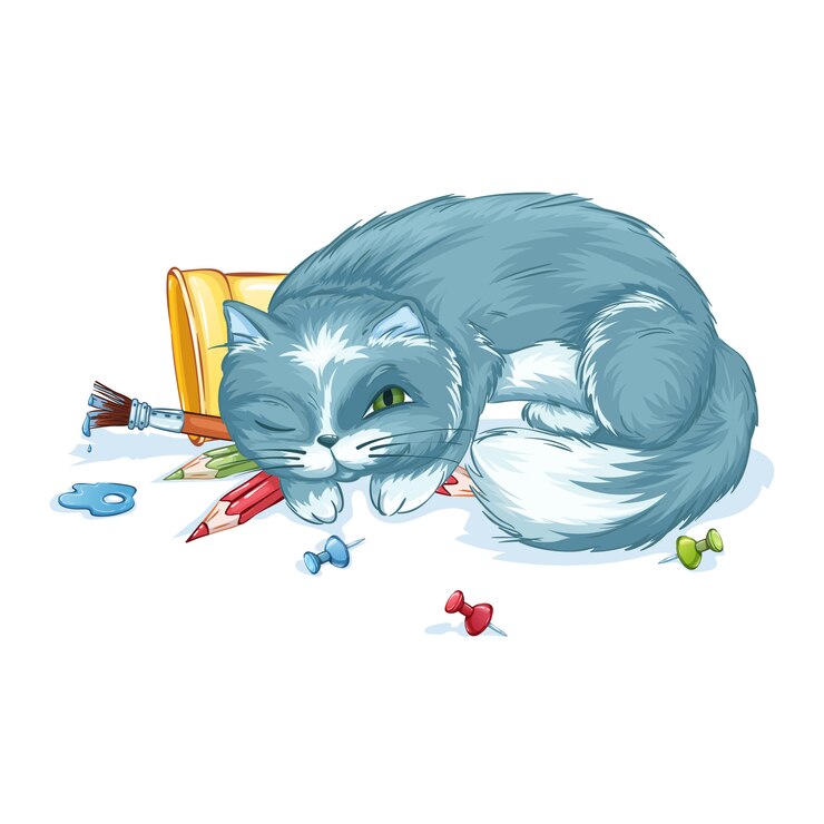 Vetor lindo gato cinzento dorme em lápis e pincéis. material escolar. de volta à escola.