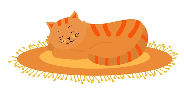 Lindo gato laranja dormindo no tapete oval com franjas personagem de desenho animado