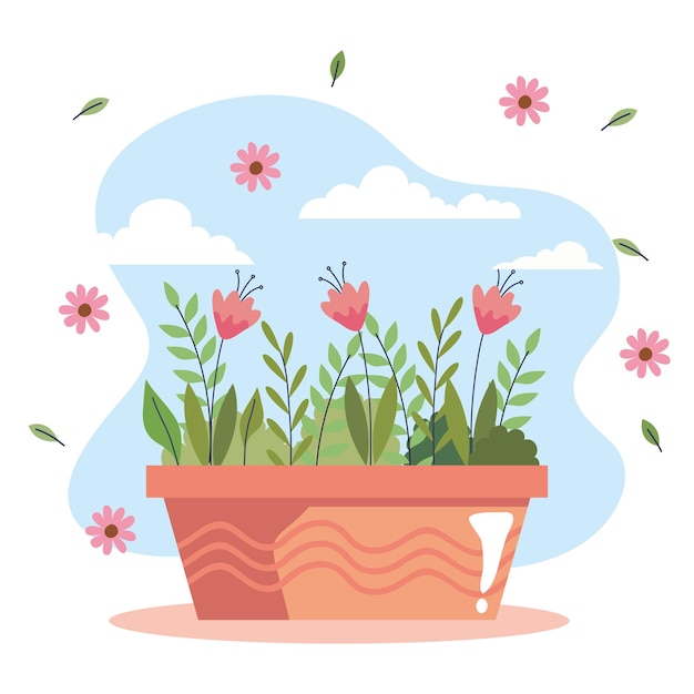 Vetor lindo jardim de flores em vaso de cerâmica paisagem cena ilustração vetorial design