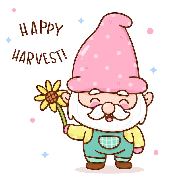 Lindo jardim de gnomos segurando desenho de girassol kawaii