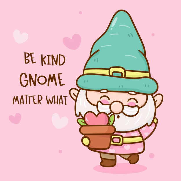 Lindo jardim de gnomos segurando desenho de kawaii de pote de flores de amor