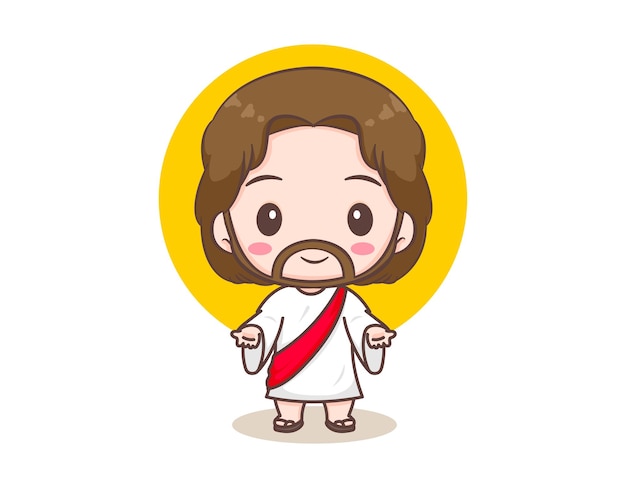 Lindo Jesus Cristo com personagem de desenho animado de mãos abertas.