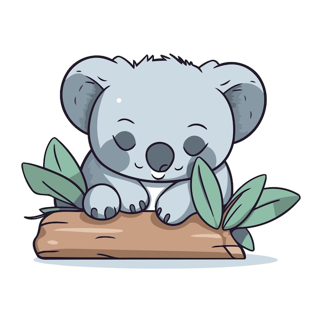 Vetor lindo koala no tronco com folhas ilustração vetorial