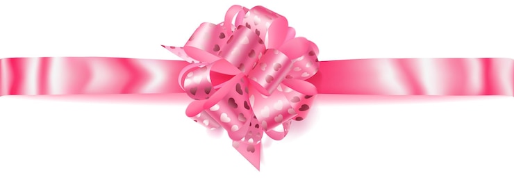 Vetor lindo laço horizontal grande feito de fita rosa com pequenos corações brilhantes com sombra no fundo branco