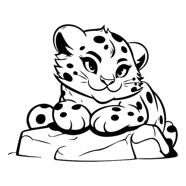 Vetor lindo leopardo-da-neve de desenho animado sentado em uma rocha ilustração vetorial