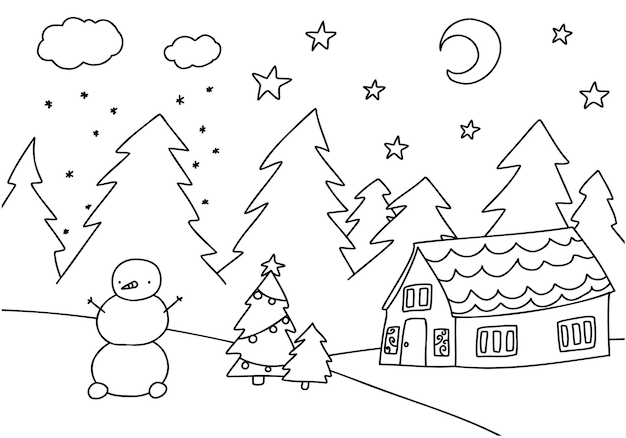 Lindo livro de colorir feliz natal, linha e doodle. fundo isolado de inverno. rabisco para crianças.