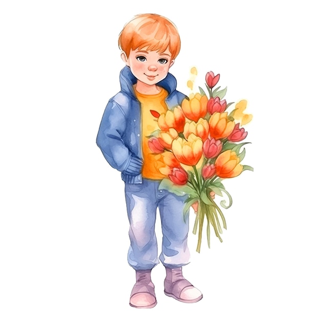 Lindo menino segurando um buquê de flores na mão