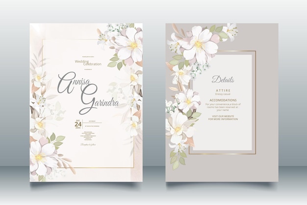 Lindo modelo de cartão de convite de casamento floral branco Vetor Premium