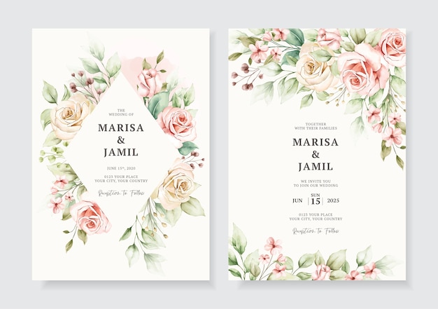 Vetor lindo modelo de cartões de convite de casamento com decoração floral em aquarela
