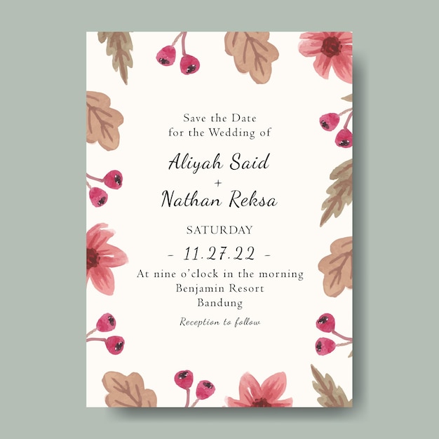 Lindo modelo de convite de casamento com fundo floral rosa aquarela editável
