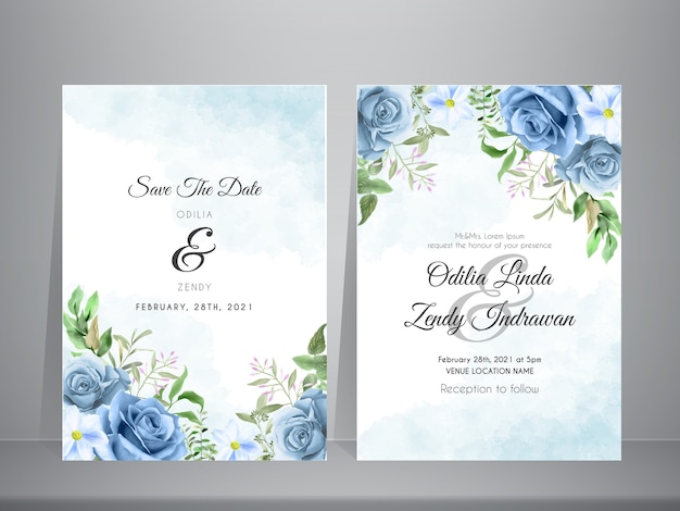 lindo modelo de convite de casamento com tema de rosas azuis em aquarela