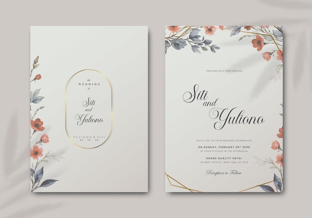 lindo modelo de convite de casamento com vetor premium de flores em aquarela