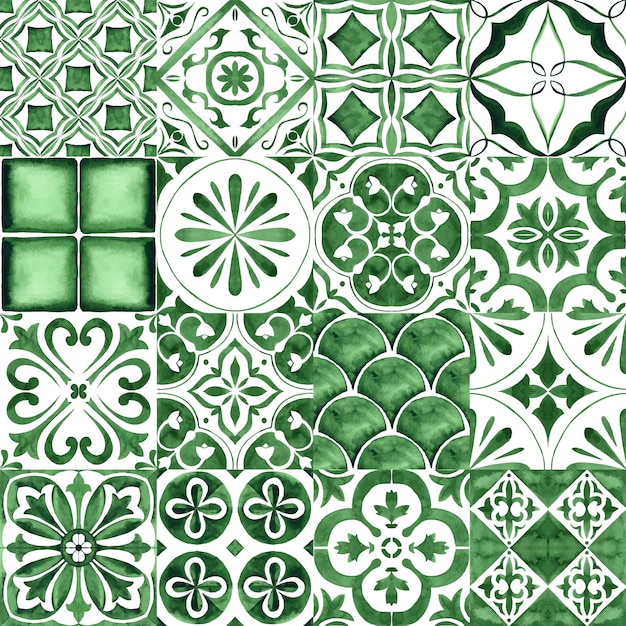Vetor lindo padrão de retalhos sem costura de verde escuro e branco marroquino, azulejos portugueses, azulejo,