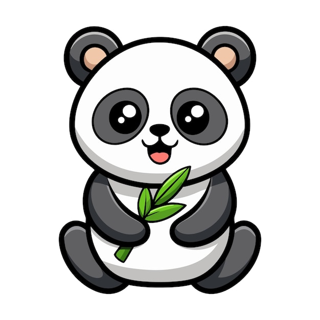 Lindo Panda Comendo Folha de Bambu Logo Silhueta e Desenho de Estilo de Página para Colorir