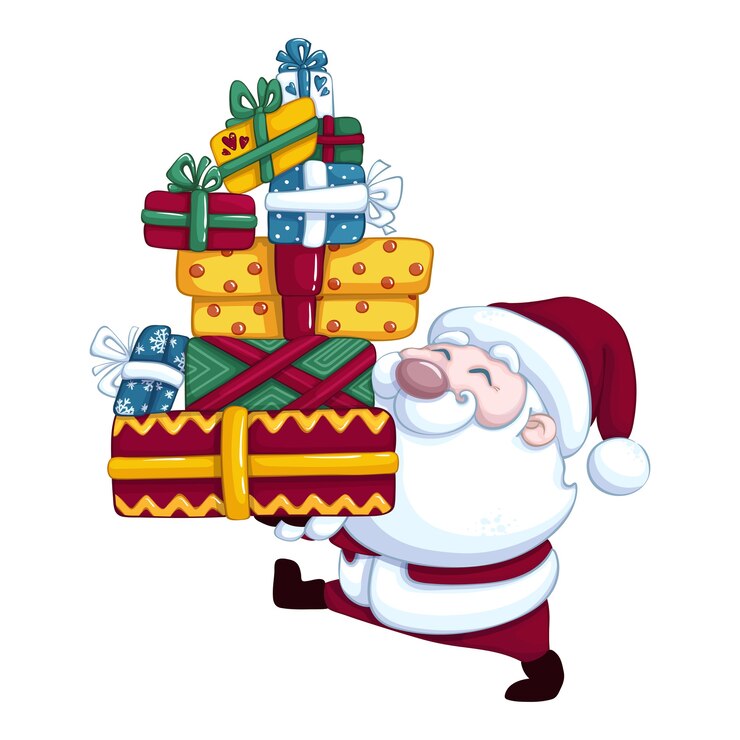 Lindo Papai Noel carrega caixas de presentes. Personagem de desenho animado isolada para o Natal ou ano novo.