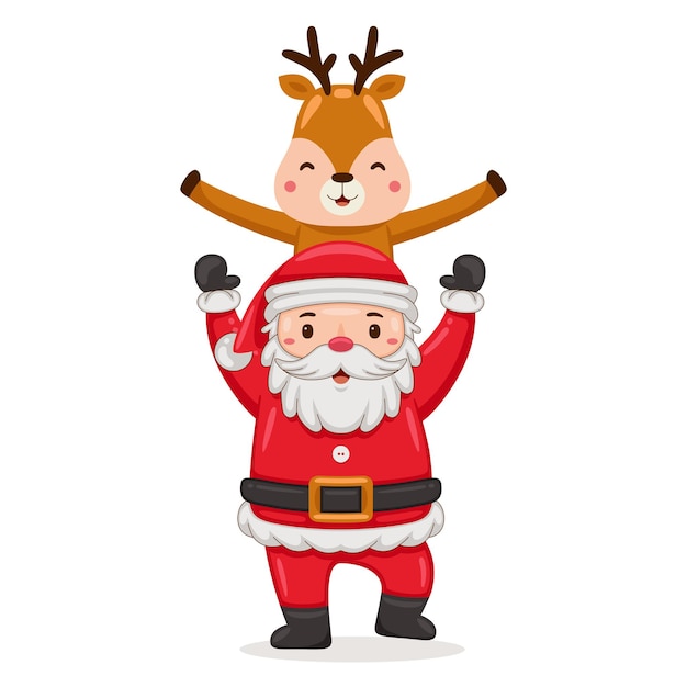 Lindo Papai Noel com veado na ilustração do estilo cartoon