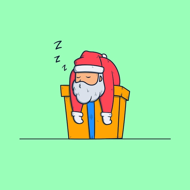 Vetor lindo papai noel dorme em cima da caixa de presente. personagem de desenho animado de natal