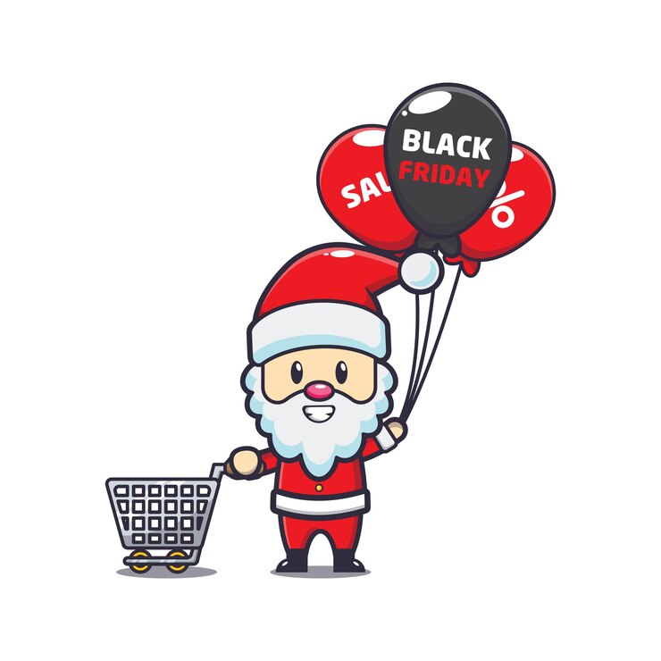 Vetor lindo papai noel na ilustração de mascote de desenho animado de venda de sexta-feira negra