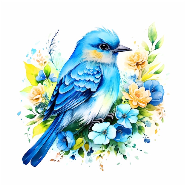 Lindo pássaro cercado por flores em aquarela