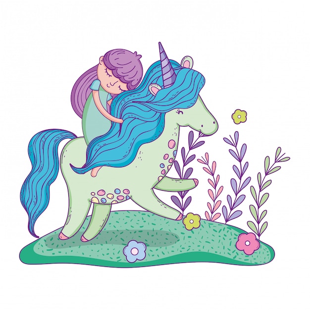 lindo pequeno unicórnio com princesa na paisagem