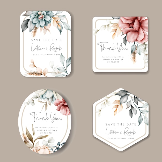 lindo rótulo de coleção floral com flores e folhas em aquarela vintage