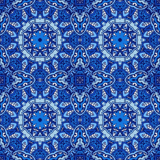 Lindo sem costura padrão decorativo de azulejos orientais azuis, enfeites. arte de mandala de ano novo de inverno.