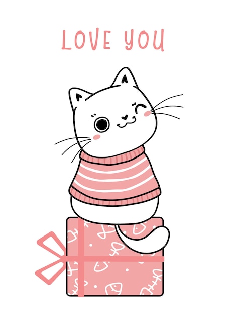 Lindo sorriso feliz gatinho gato gordo branco com roupas rosa de inverno sentar na caixa de presente desenho vetorial plana contorno de ilustração desenhada à mão