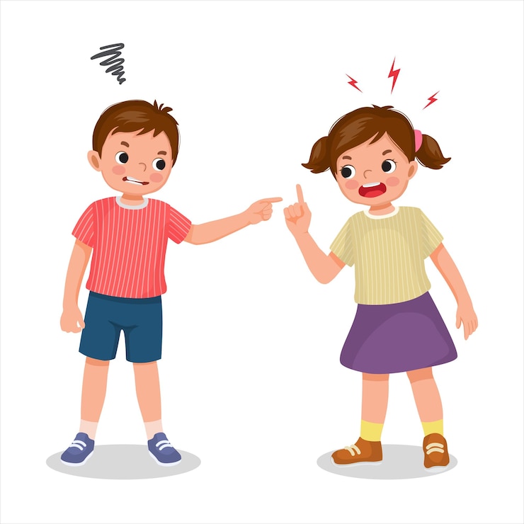 Vetor lindos filhos menino e menina brigando com raiva discutindo gritando para cada um