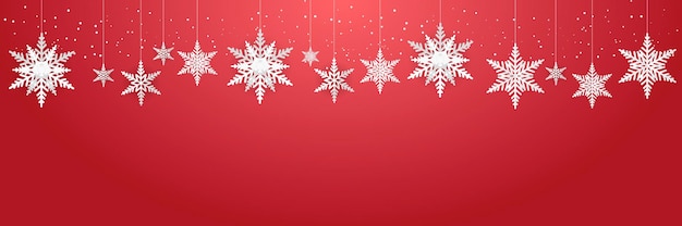 Lindos flocos de neve pendurados e neve caindo em um terno de fundo vermelho para banner de Natal, ano novo e inverno.